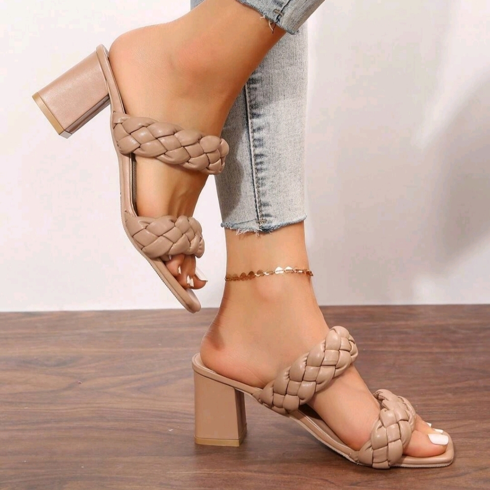 Elegant Tan Braided Heeled Sandals
